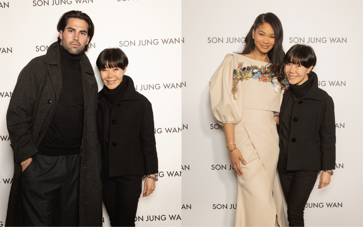 손정완 2025 F/W 컬렉션에 방문한 샘 하트만, 샤넬 이만과 다정하게 사진 촬영 중인 디자이너 손정완